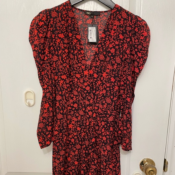 Maje Rapita Wrap Effect Floral Print Crepe Mini Dress in Red EU 34 (US XS) - Picture 5 of 9